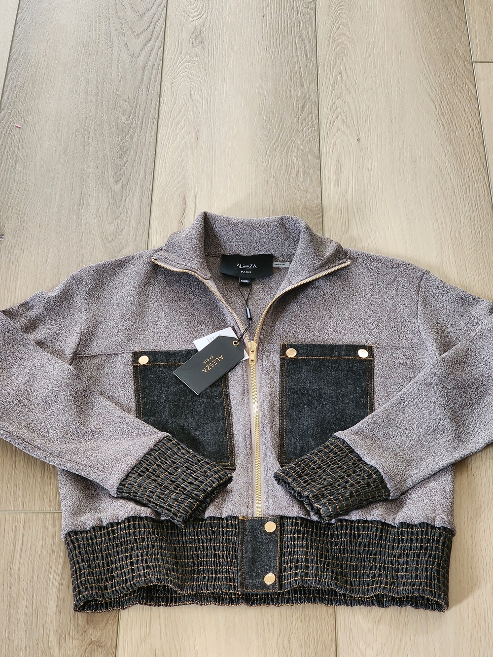 NWT Aleeza Paris Women's Gray Zip-Front Jacket with Black Patch Pockets-Size XS